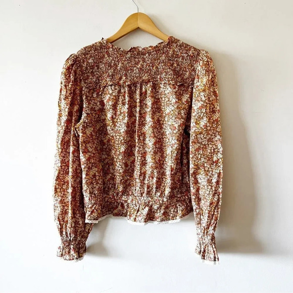 American Eagle Size Large Ditsy‎ Floral Top Smocking High Neck Brown Fall Tones - Picture 2 of 7